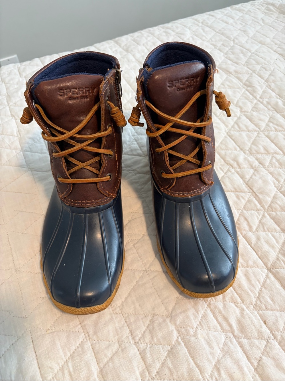 Sperry Navy Rubber and Brown Leather Women’s Duck Boots